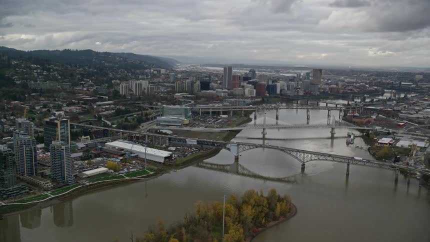 Aerial panoramic view of a metropolis with skyscrapers bridges over lakes on a cloudy day
