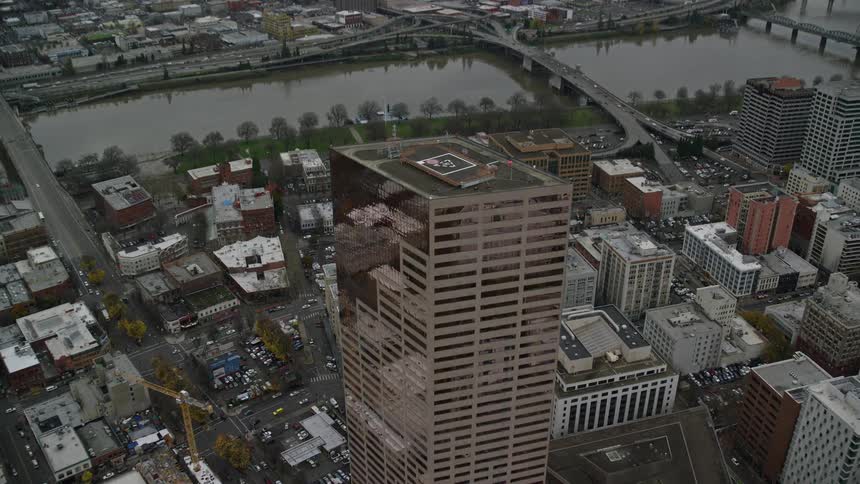 Aerial of the us bancorp building in downtown portland oregon on an autumn day