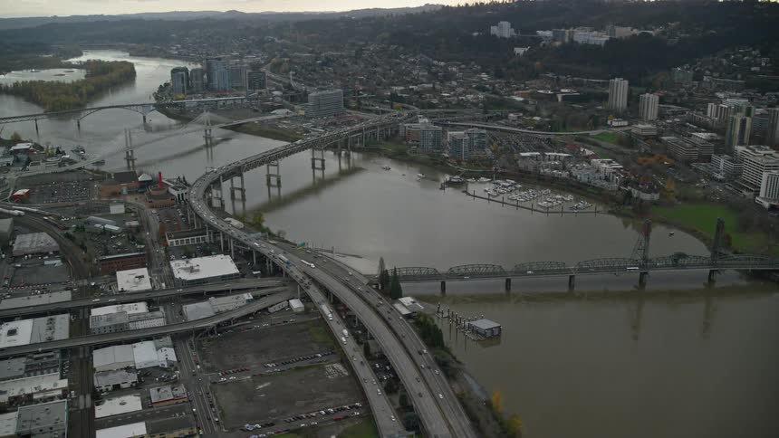 Vehicles travel over the bridges in the city