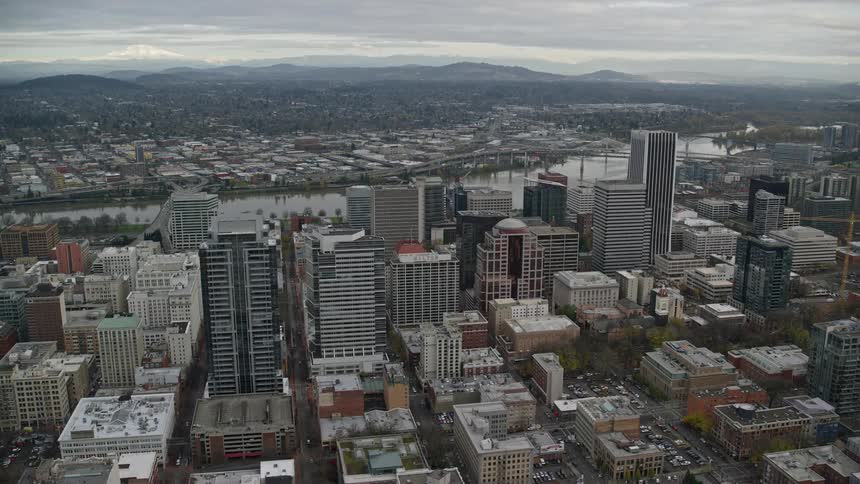 Aerial view of riverfront buildings in the downtown area in the city
