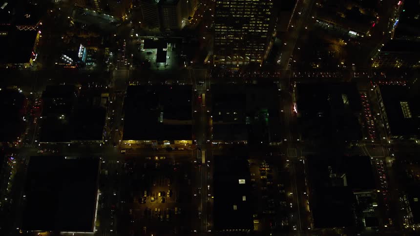 Aerial view of the streets of a city at night