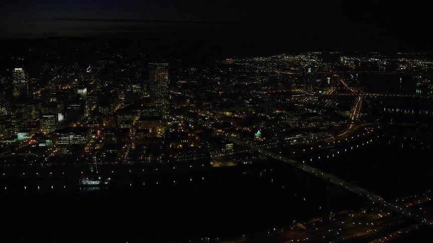 Aerial panorama of a metropolis at night by the edge of a lake
