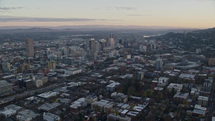 Aerial panorama of a metropolis at dawn