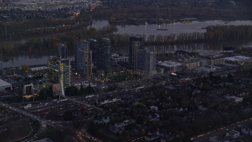 Aerial panorama of a metropolis with buildings and residential neighborhoods along the seaside