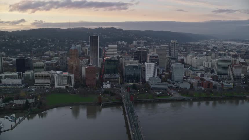 Aerial panoramic view of a metropolis with skyscrapers bridges over lakes on a cloudy day
