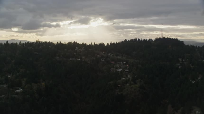 Tree lined summit and tower on cloudy day