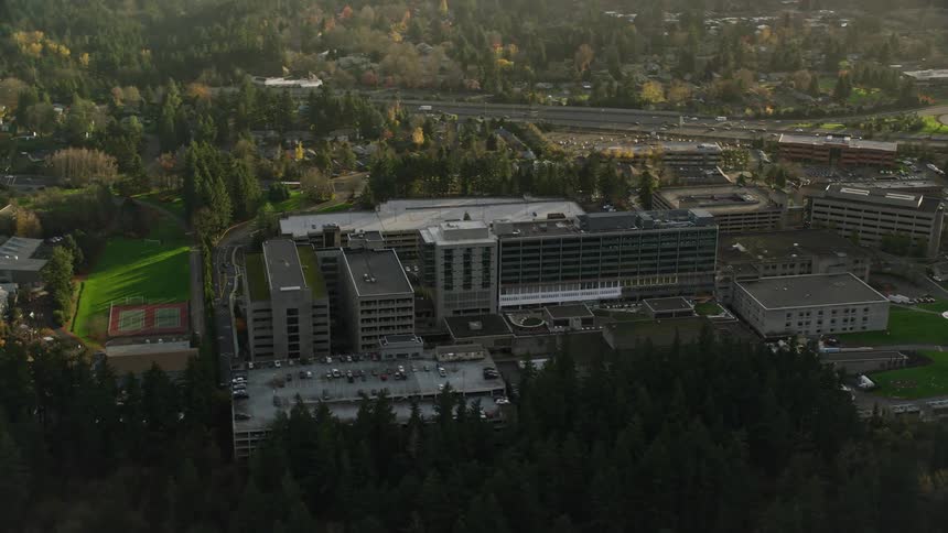 Aerial view of a large complex in a town