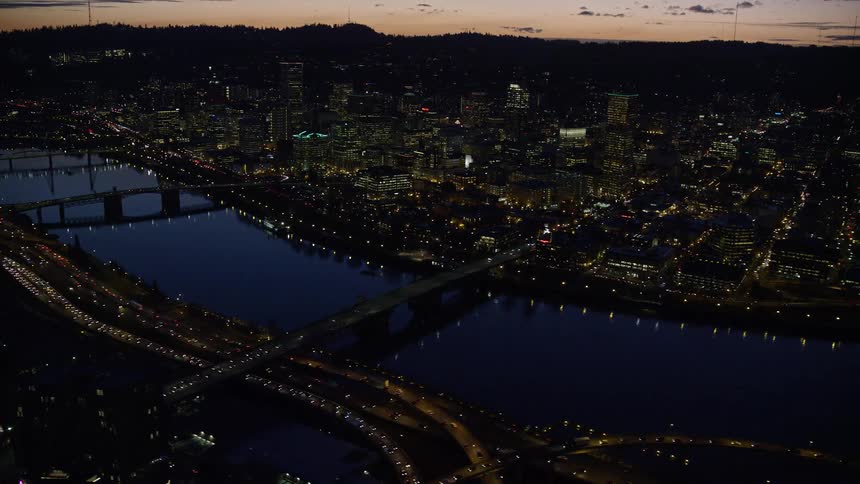 Skyline of a city glowing at night