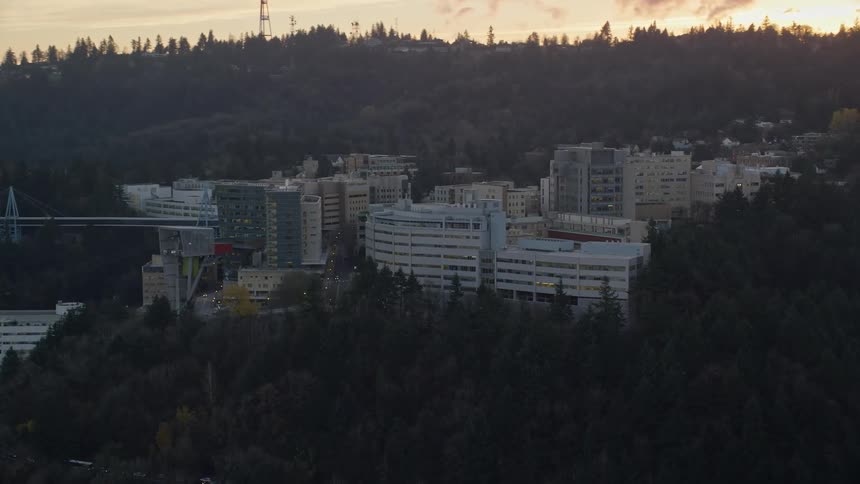 Aerial view of buildings in the city hills at sunset