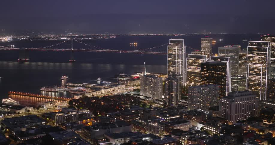 Aerial panorama of a nighttime metropolis by the seaside