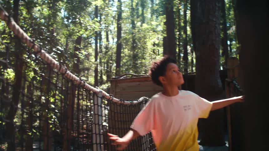 Child crossing a bridge amidst trees