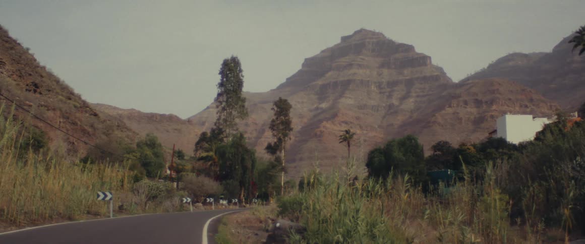 A deserted road in the natural landscape with canyons during sunset