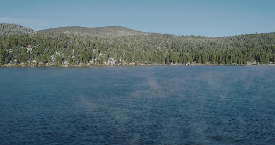 Fog is on the lake water by the forest