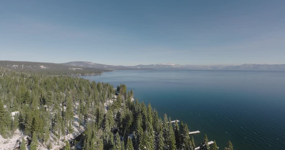 Aerial of a lake and snowy forest