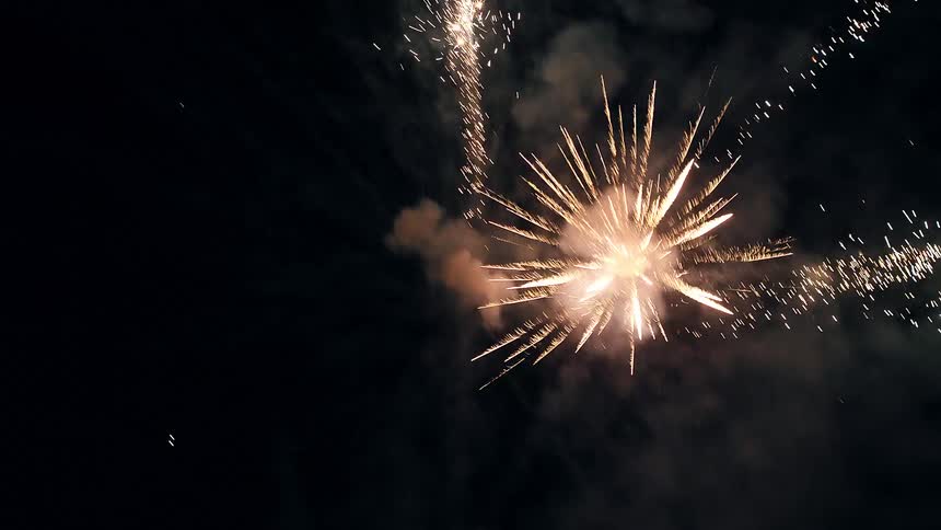 Fireworks burst in a black sky shooting streams of gold light in every direction