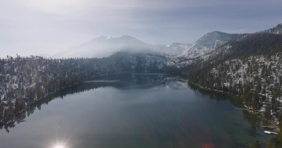 Aerial view of a lake surrounded by snowy mountains