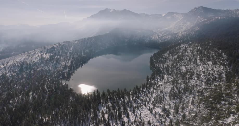 Aerial view of lake tahoe and snowy mountains