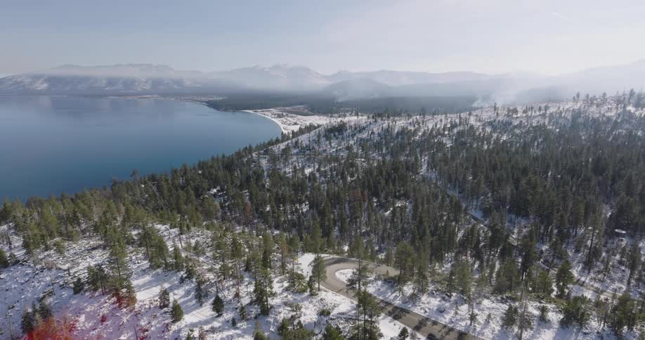 Aerial view of lake tahoe and snowy mountains