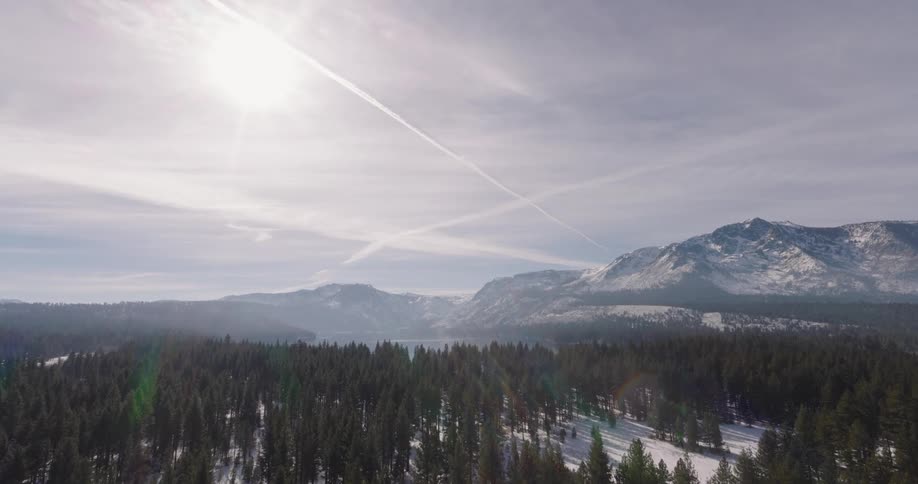 Aerial view of a forest and a serene lake surrounded by snowy mountains