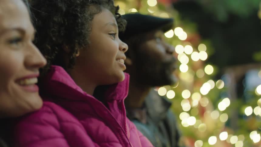 Family outdoors near decorated christmas tree holds onto wooden panel and looks around while smiling