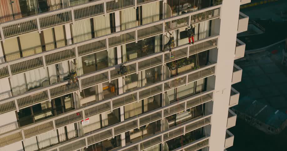 People are descending the building working on the terraces of the apartment building