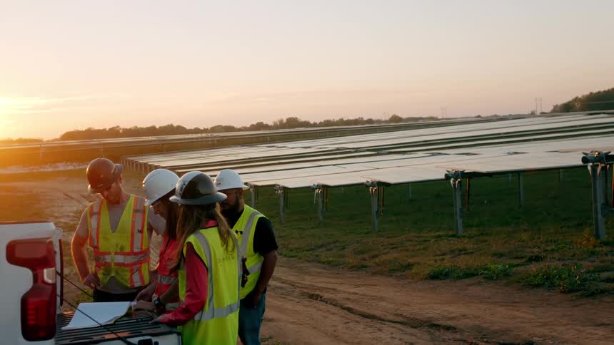 A team in a meadow analyzing solar panels during sunset