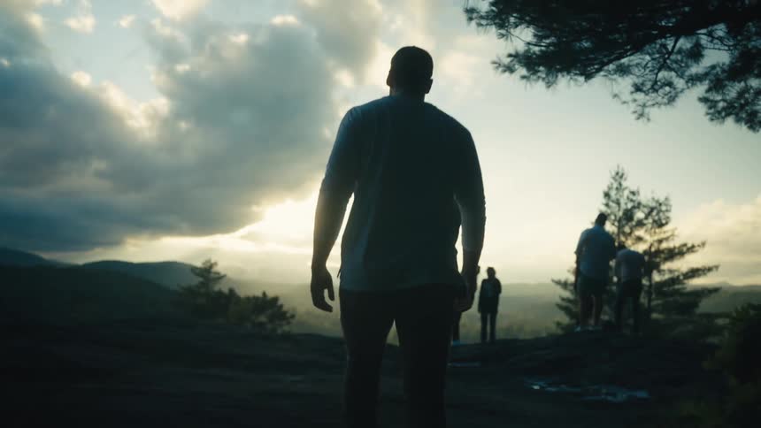 Man walks out of the forest to look at the landscape from a mountain