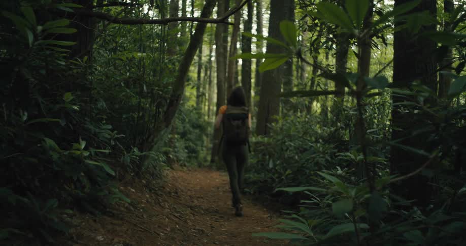 A teenage girl wearing a backpack is walking on a trail through a forest