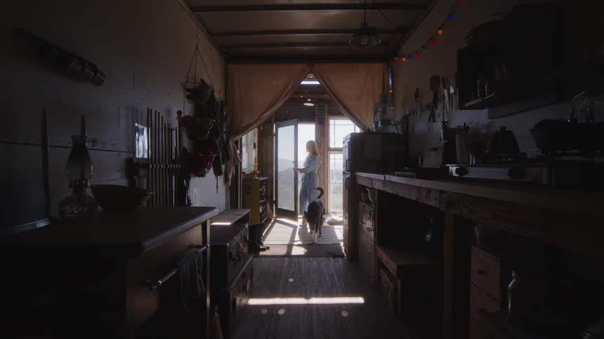Woman and her dog enter a small cabin in the countryside