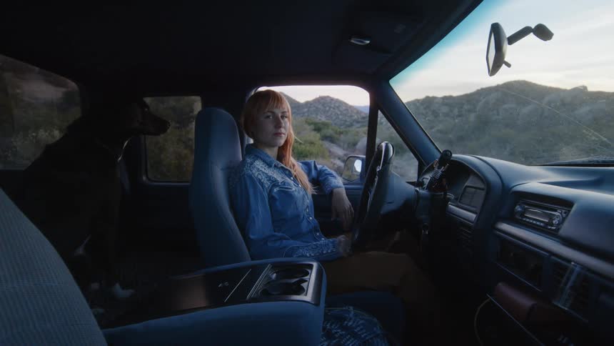 Woman sitting inside a pickup truck with her dog in the countryside