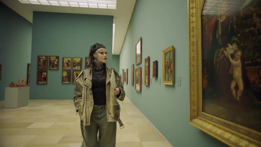 A woman stops to look at a painting in the art gallery