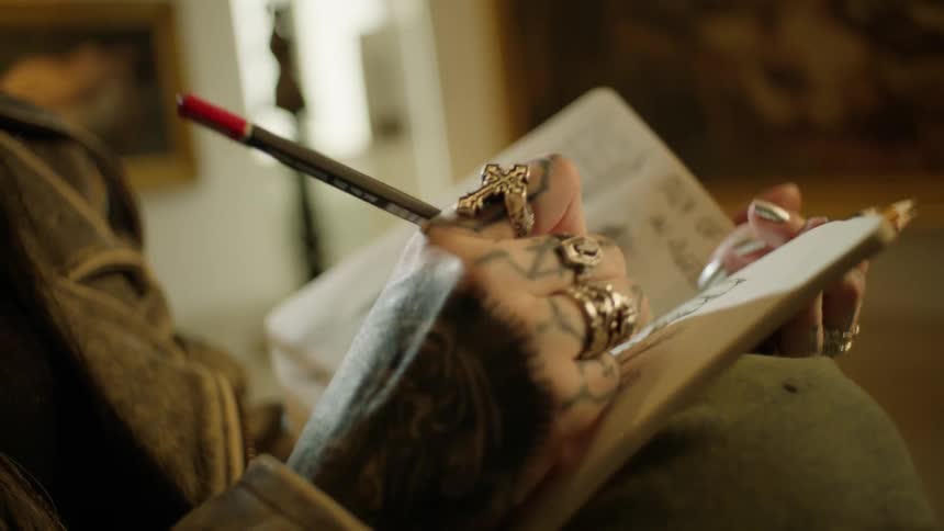 Tattooed hand with large rings writing on a notebook