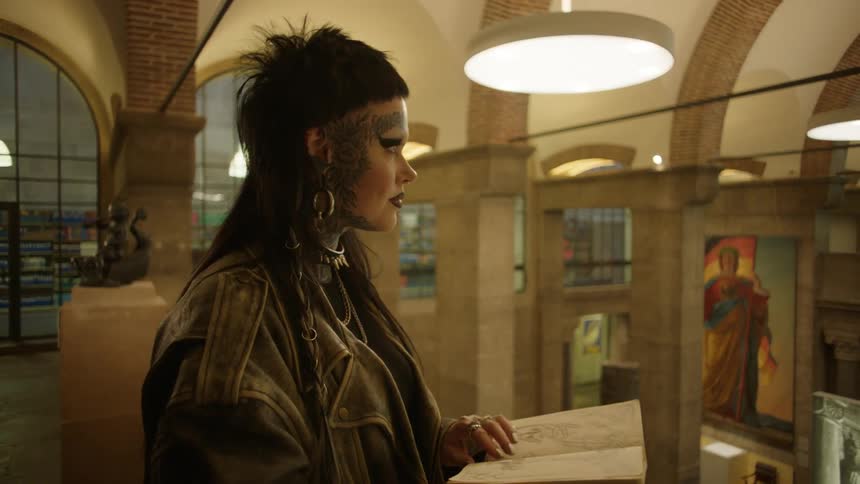 Woman examines a book in a room full of large artwork on the wall from the upper level