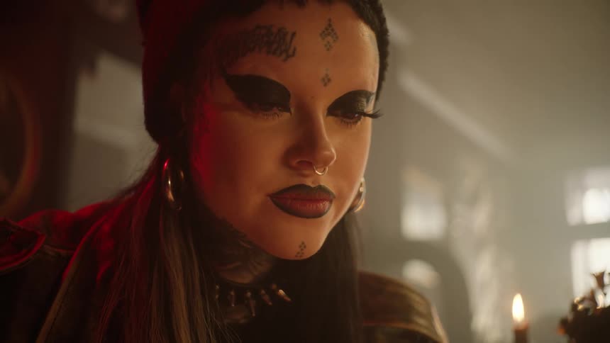 Closeup of the pensive face of a tattooed woman