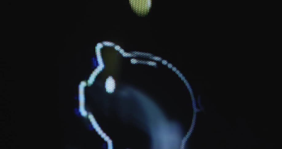 Golden coins falling in animated graphic of a piggy bank icon on pixelated computer screen as symbol for saving money on an online banking account or retirement or pension plan