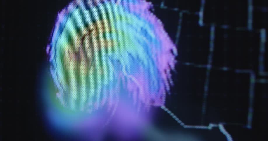 The retro television screen displays a weather map of the west coast of the United States of America being hit by a colorful storm pattern that might cause danger and chaos