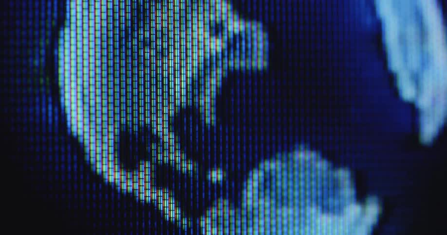 Dynamic macro close up with shaky camera movement of a digital pixelated spinning earth globe on a retro pixel TV screen with flickering RGB panel