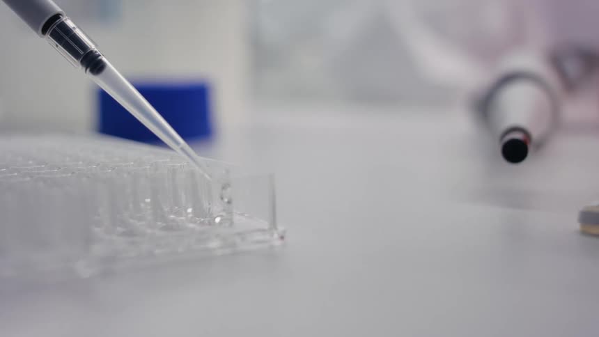Close up of a syringe depositing samples on a lab
