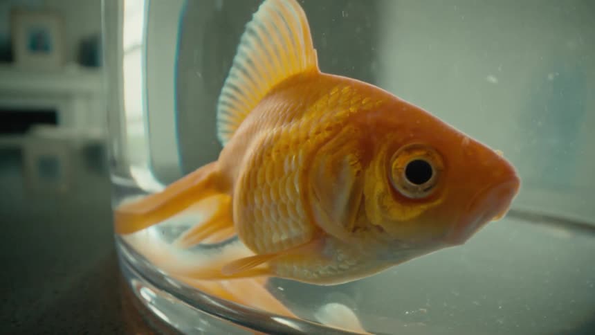 A goldfish in the aquarium at home during the day