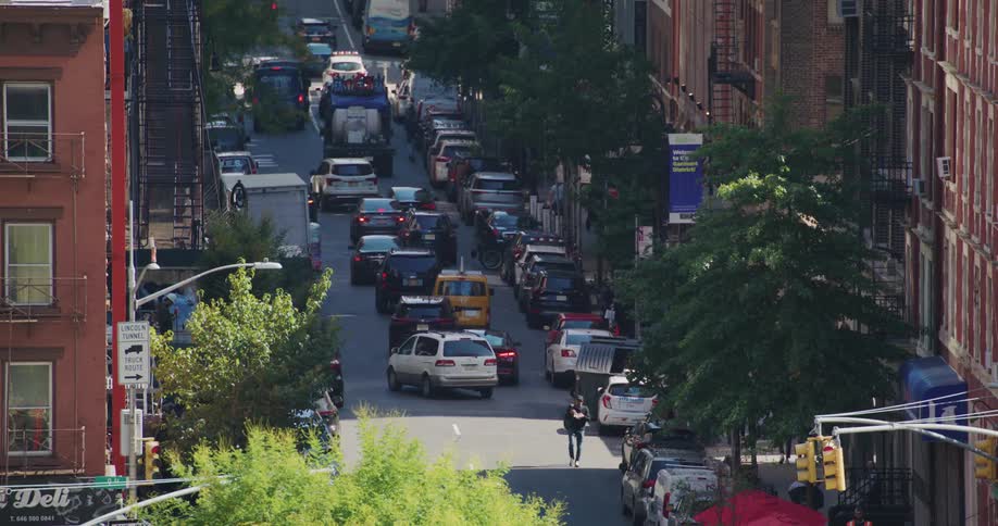 Aerial of a busy city avenue during the day