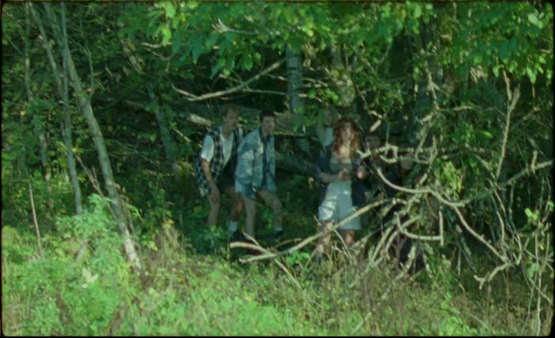 Group of friends stand at the edge of a forest
