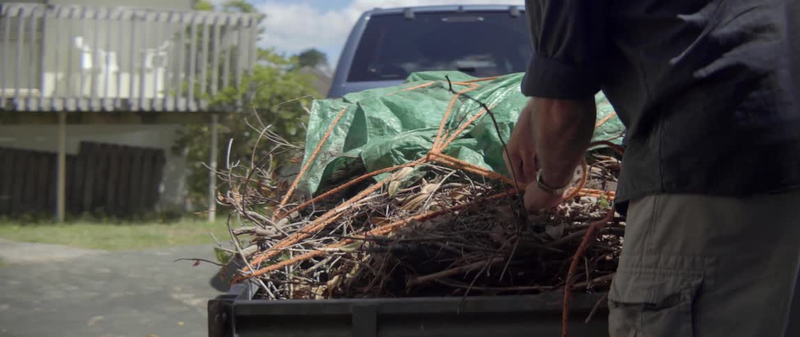 A person gathers dry sticks to make a campfire during a trip outdoors.