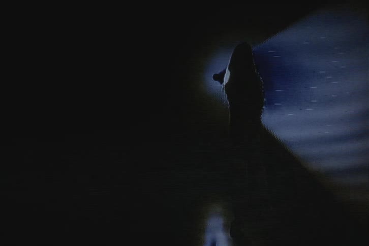 Filtered video footage shows a young female dances in front of a large spotlight