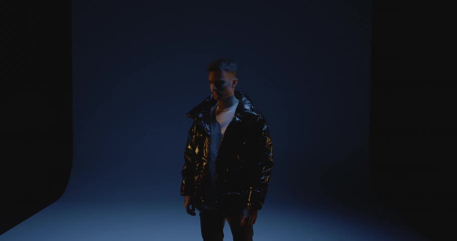 A model is posing with a coat on