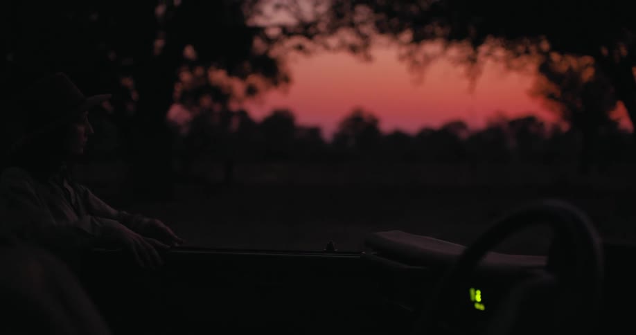 A man wearing a cowboy hat walking in the early hours of the day