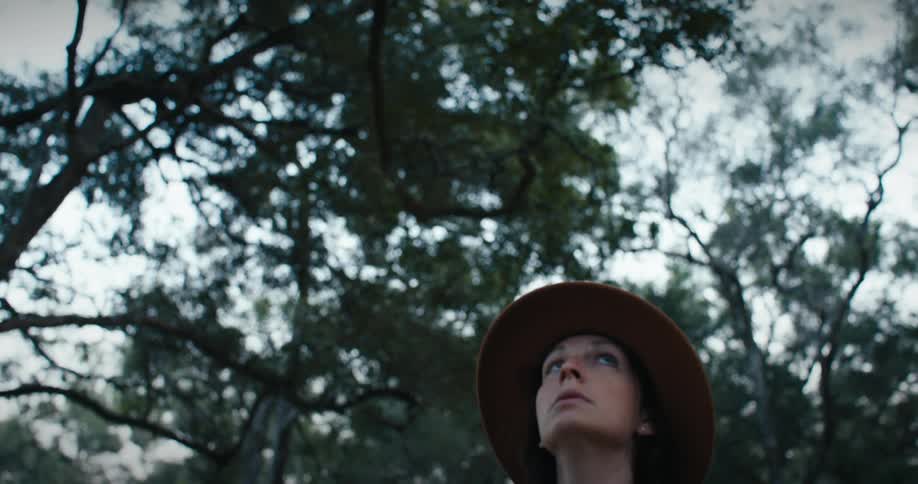 Woman wearing a hat looks up in the forest