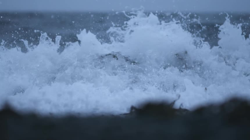 Waves curl and splash as they roll into shore