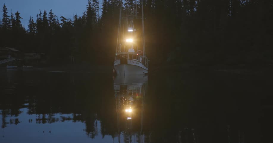 A fish boat docking in a bay