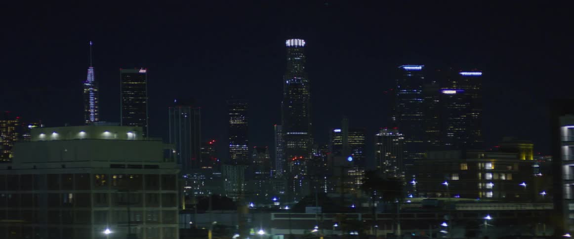 Highway traffic passes city skyline at night