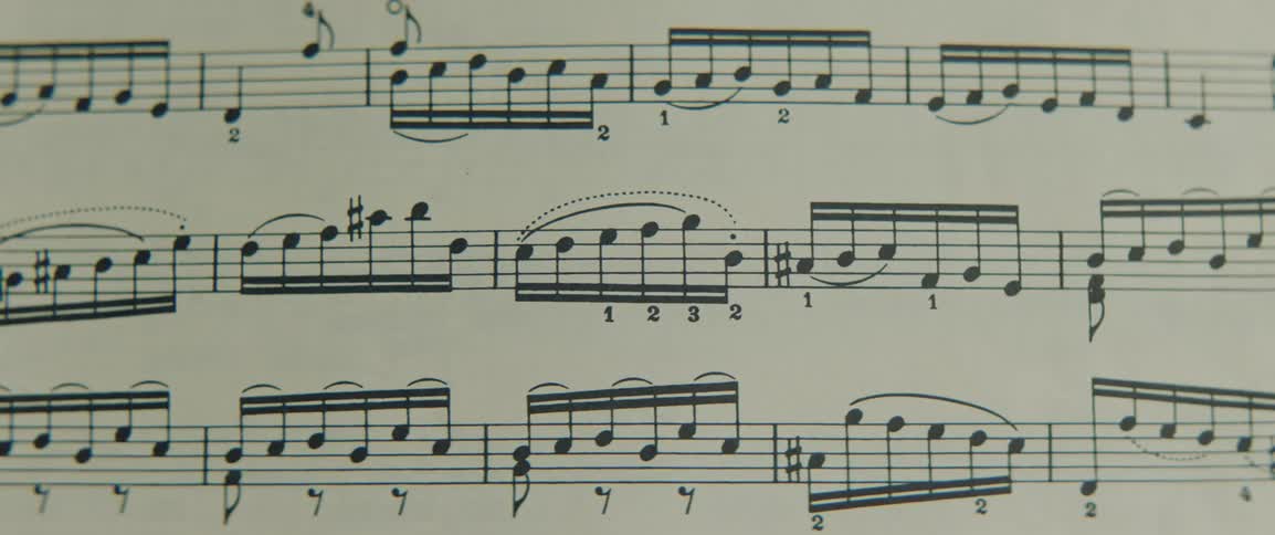 Musical notes and scores are printed on paper